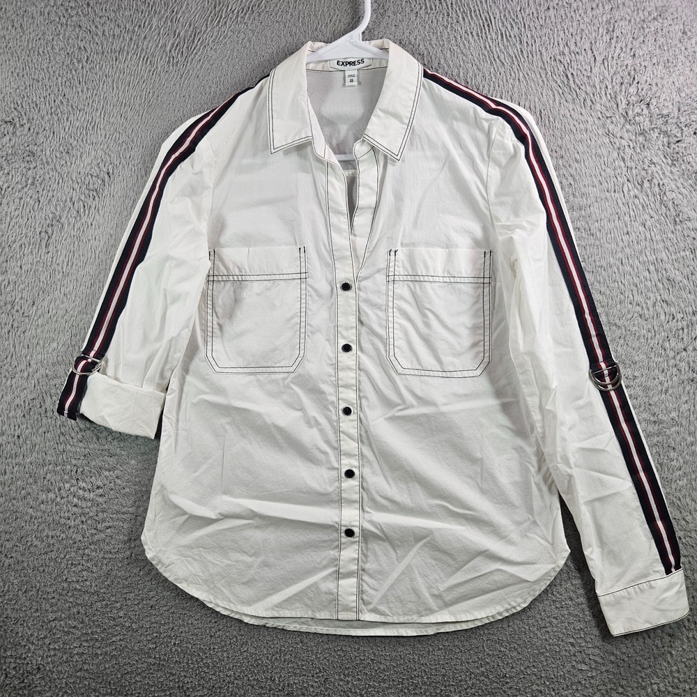 Express Shirt Women XS Button Up Roll‎ Tab Striped White Preppy